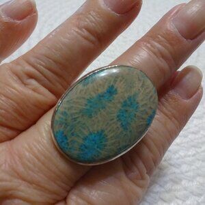 Stunning TEAL FOSSIL CORAL Handmade Sterling 925 Ring Size 11.25 #844C